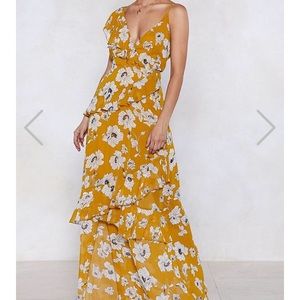Nasty Gal Floor Length Mustard Floral Dress sz 4